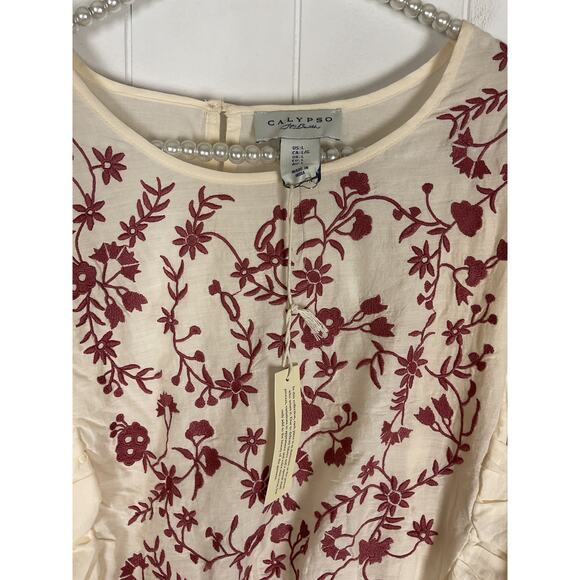 Calypso St Barth NWT Cream Embroidered Ruffle Keyhole Closure Blouse Size Large - Picture 5 of 7